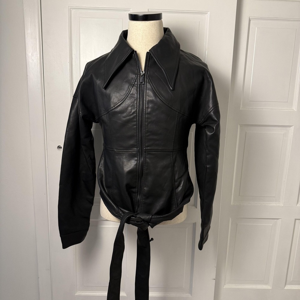 Azalea Wang Jacket Womens Large Black Faux Leather Zip Belted Moto Ruel Style‎